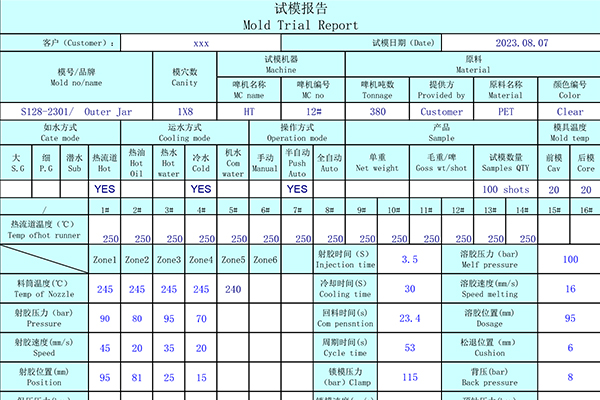 Injection parameter report